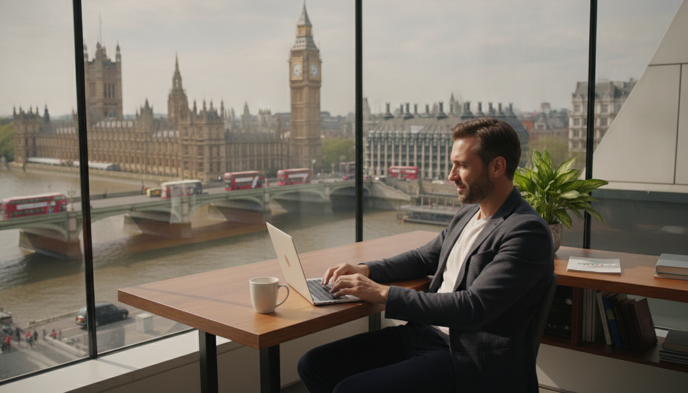 A professional yet casual entrepreneur sitting in a modern glass-walled office in London, using a laptop with the iconic Big Ben and the Houses of Parliament visible through the window, high-quality photography, daylight.