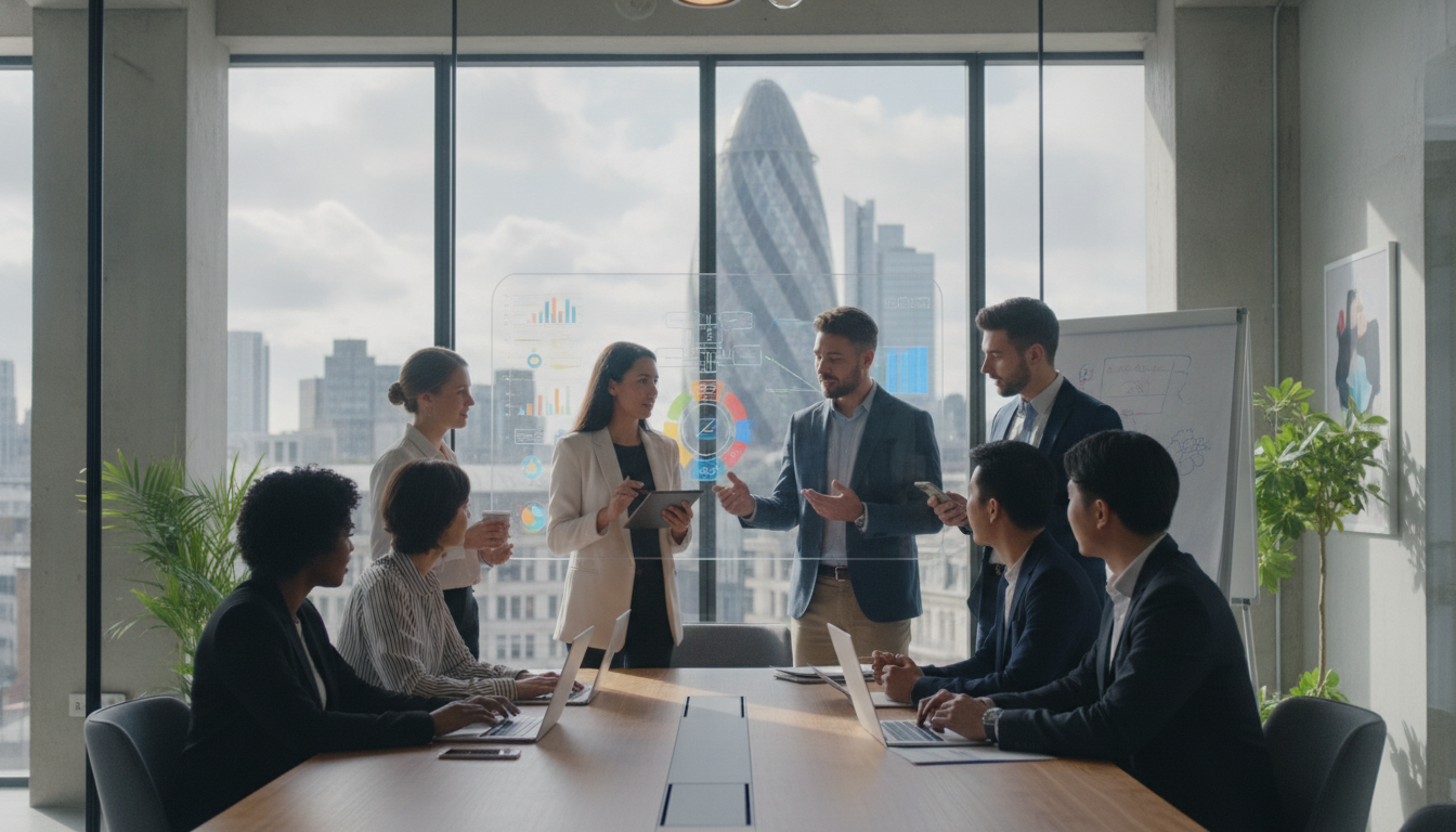 A diverse group of young professional entrepreneurs collaborating in a bright, modern glass-walled office in London, with the iconic Gherkin building visible in the background, high-quality, photorealistic, 8k resolution, cinematic lighting.