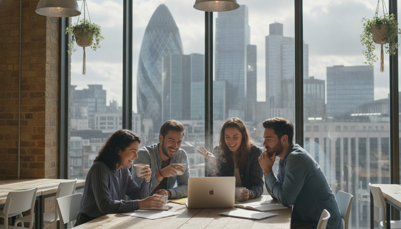 A photorealistic, high-resolution image of a diverse group of young professionals sitting in a bright, modern co-working space in Shoreditch, London. Large glass windows in the background show a glimpse of the London skyline with the Gherkin visible. They are drinking coffee and looking at a laptop screen together, smiling and brainstorming.