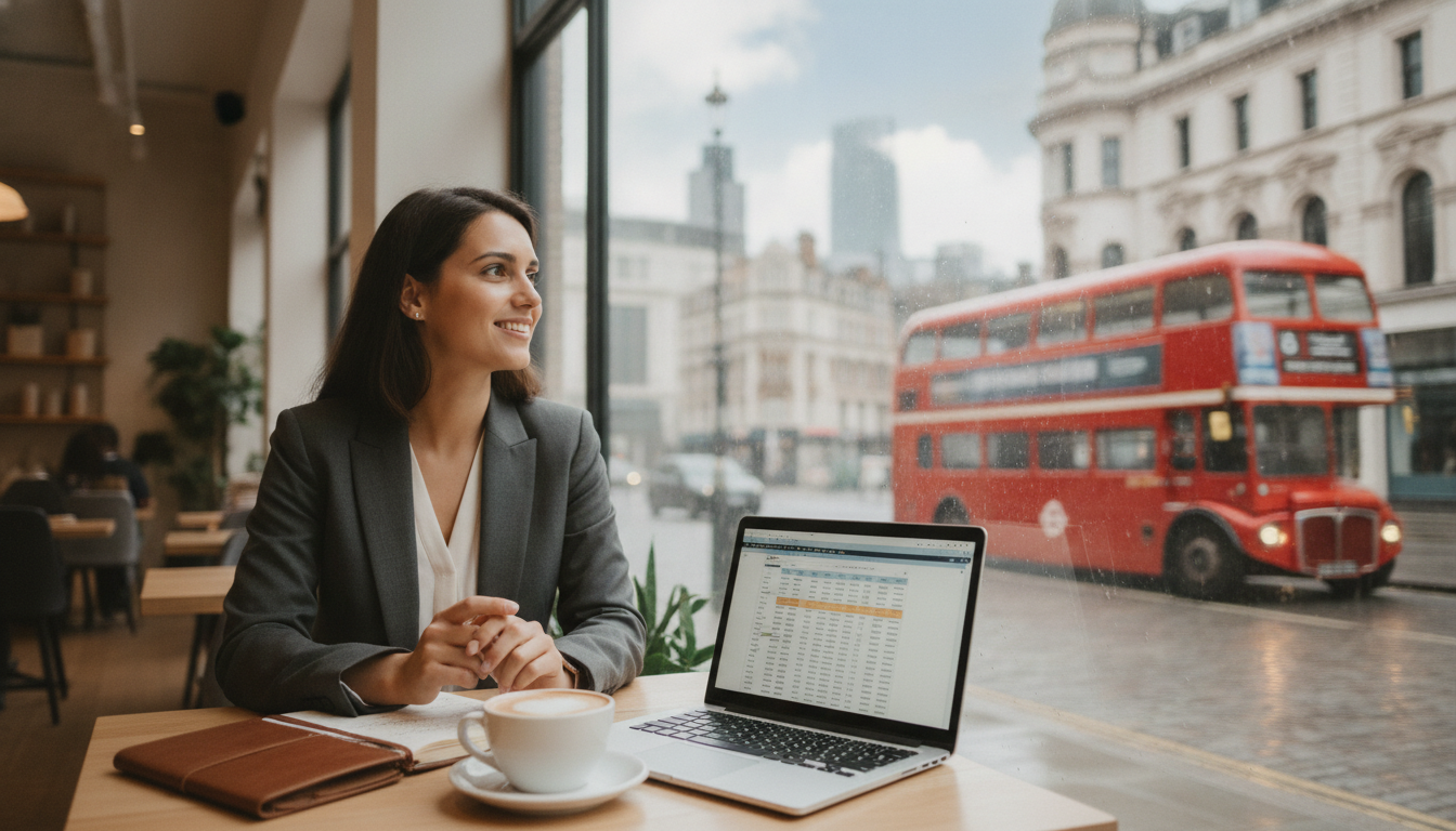 A high-resolution, photorealistic image of a young professional expat sitting in a bright, modern London cafe with a laptop, a notebook, and a cup of coffee, looking out the window at a classic red double-decker bus passing by, reflecting a mood of ambition and new beginnings.