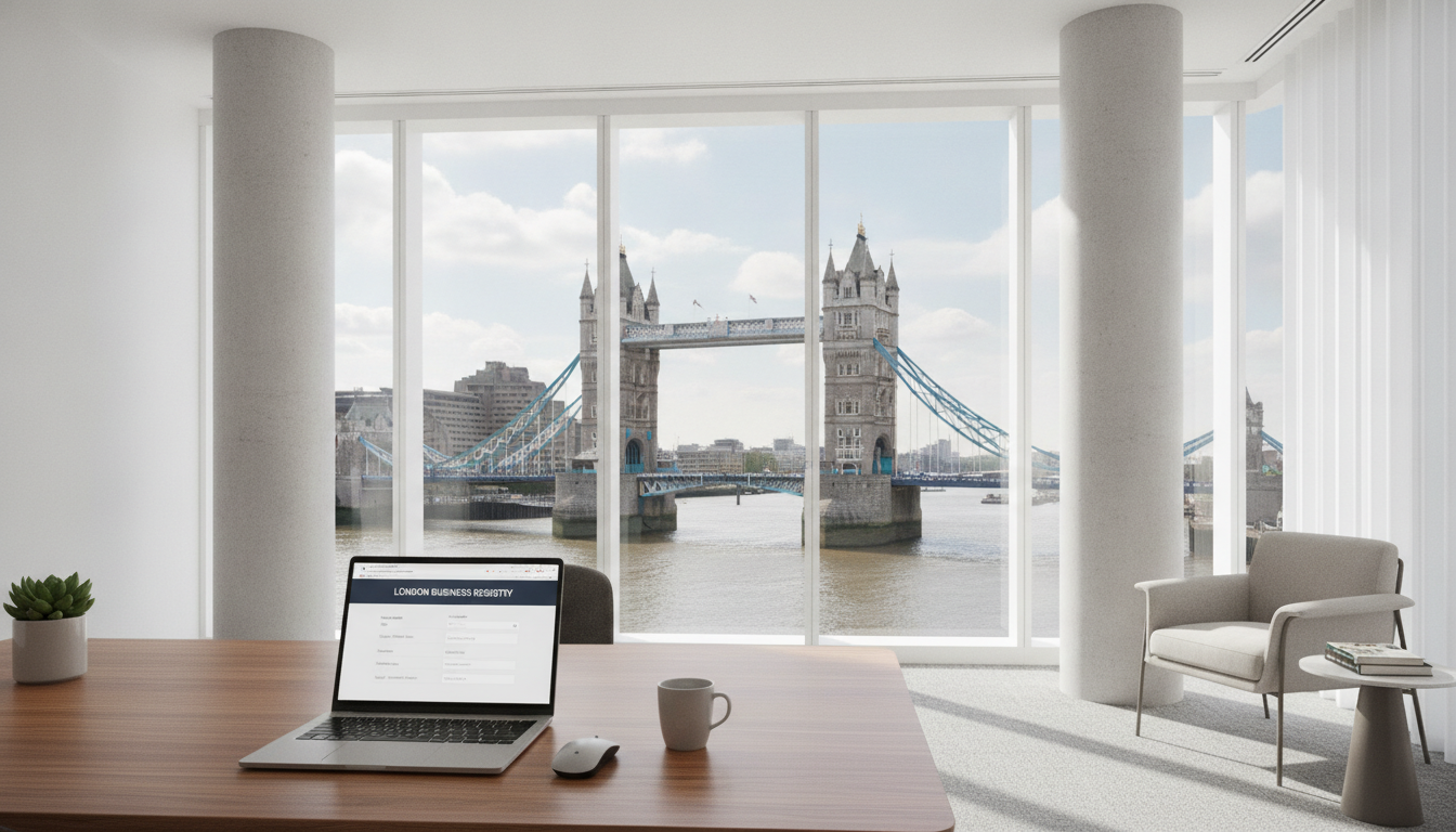 A high-quality, photorealistic shot of a modern, bright office space in London with a view of the Tower Bridge through the window, a laptop on a wooden desk showing a business registration website, professional and clean aesthetic.