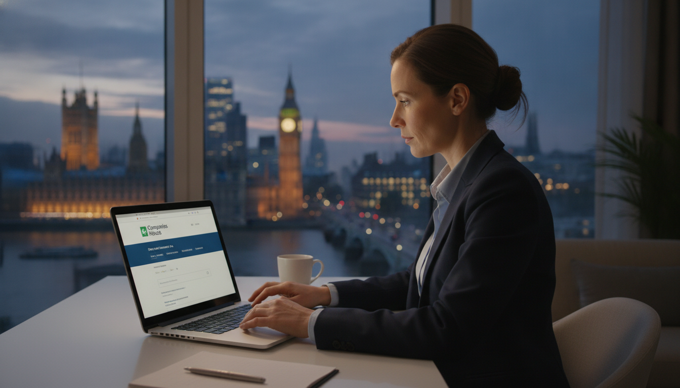 A professional person sitting in a modern home office, looking at a laptop screen showing the Companies House website, with a blurred background of Big Ben and the London skyline through a large window, cinematic lighting, photorealistic.