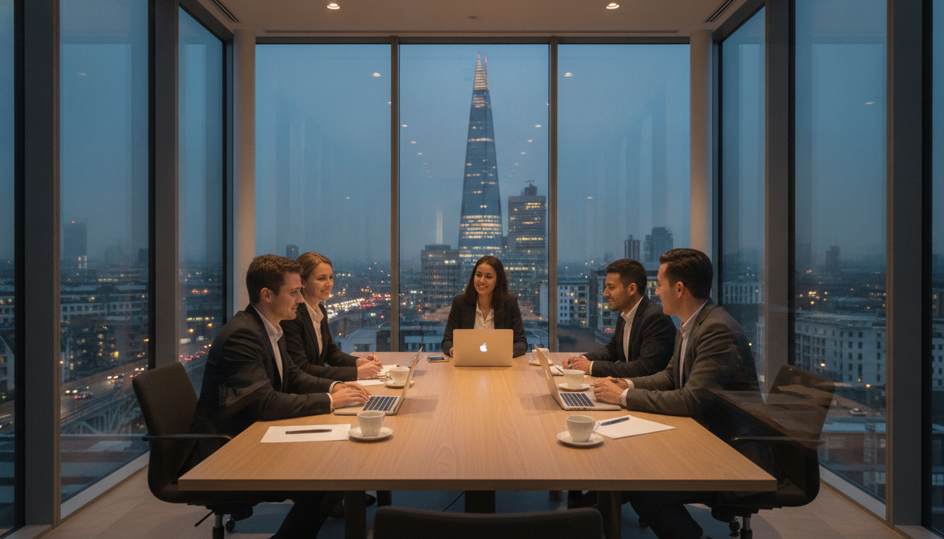 A high-resolution, photorealistic image of a modern, glass-walled office in London with the Shard visible in the background, showing a diverse group of young entrepreneurs collaborating around a wooden table with laptops and coffee.