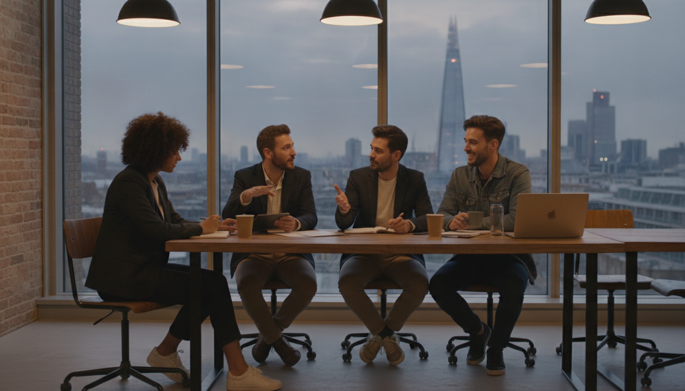 A professional yet casual photo of a diverse group of young entrepreneurs collaborating in a modern London co-working space with large windows overlooking the city skyline, high resolution, photorealistic style.