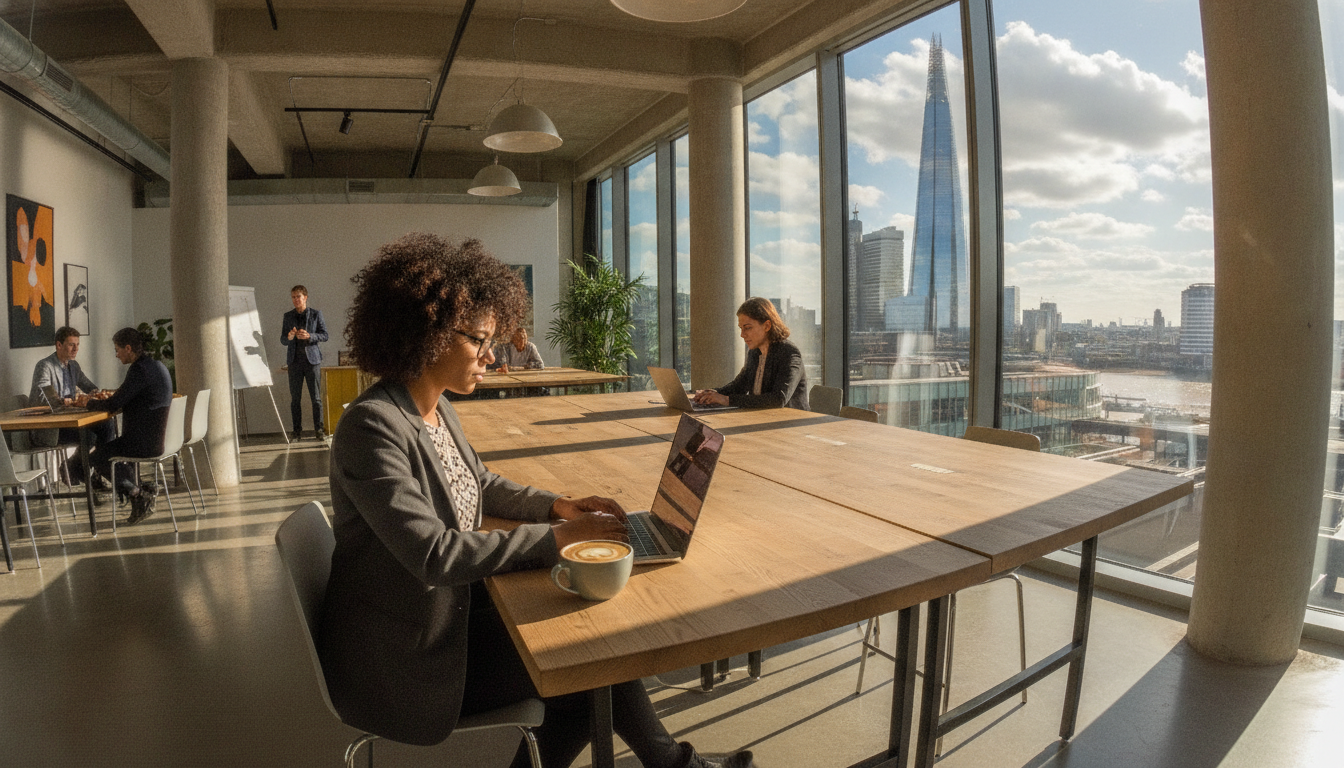 A photorealistic wide shot of a diverse young entrepreneur sitting in a modern, sunlit co-working space in London with a view of the Shard through the window, working on a sleek laptop with a cup of coffee.